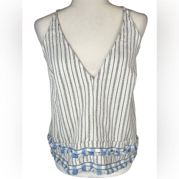 SUBOO White & Baby Blue Striped Fringe Trim Boho Tank Top - Picture 1 of 7